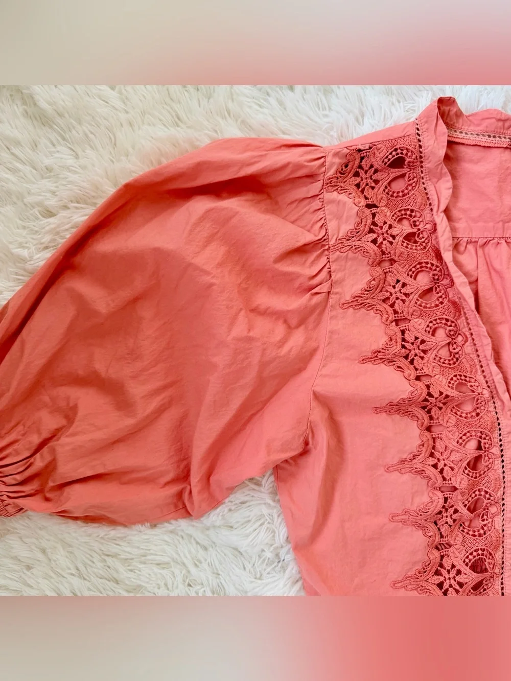 Free People Crop Crochet Trim Peach Pink Blouse w/ Balloon Puff Sleeves